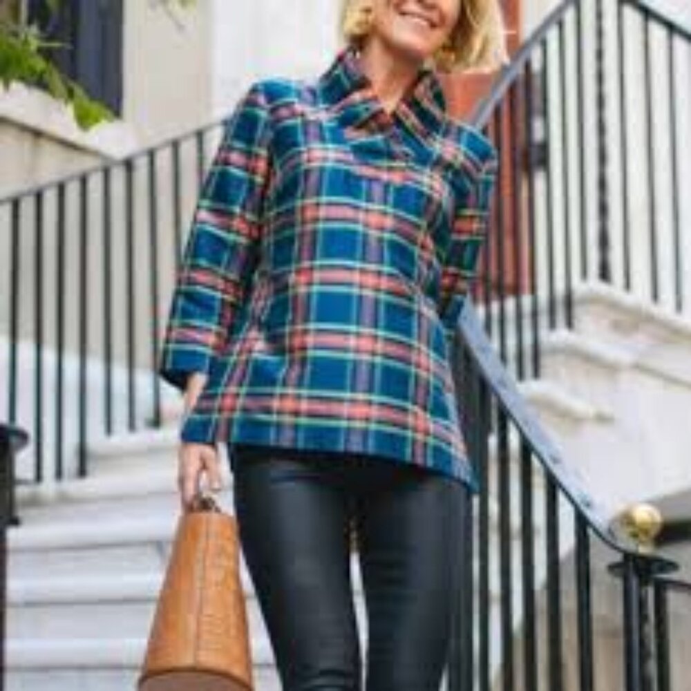 Tuckernuck Devon Baer SILK Stewart Plaid Top 3/4 sleeve ruffle collar Medium